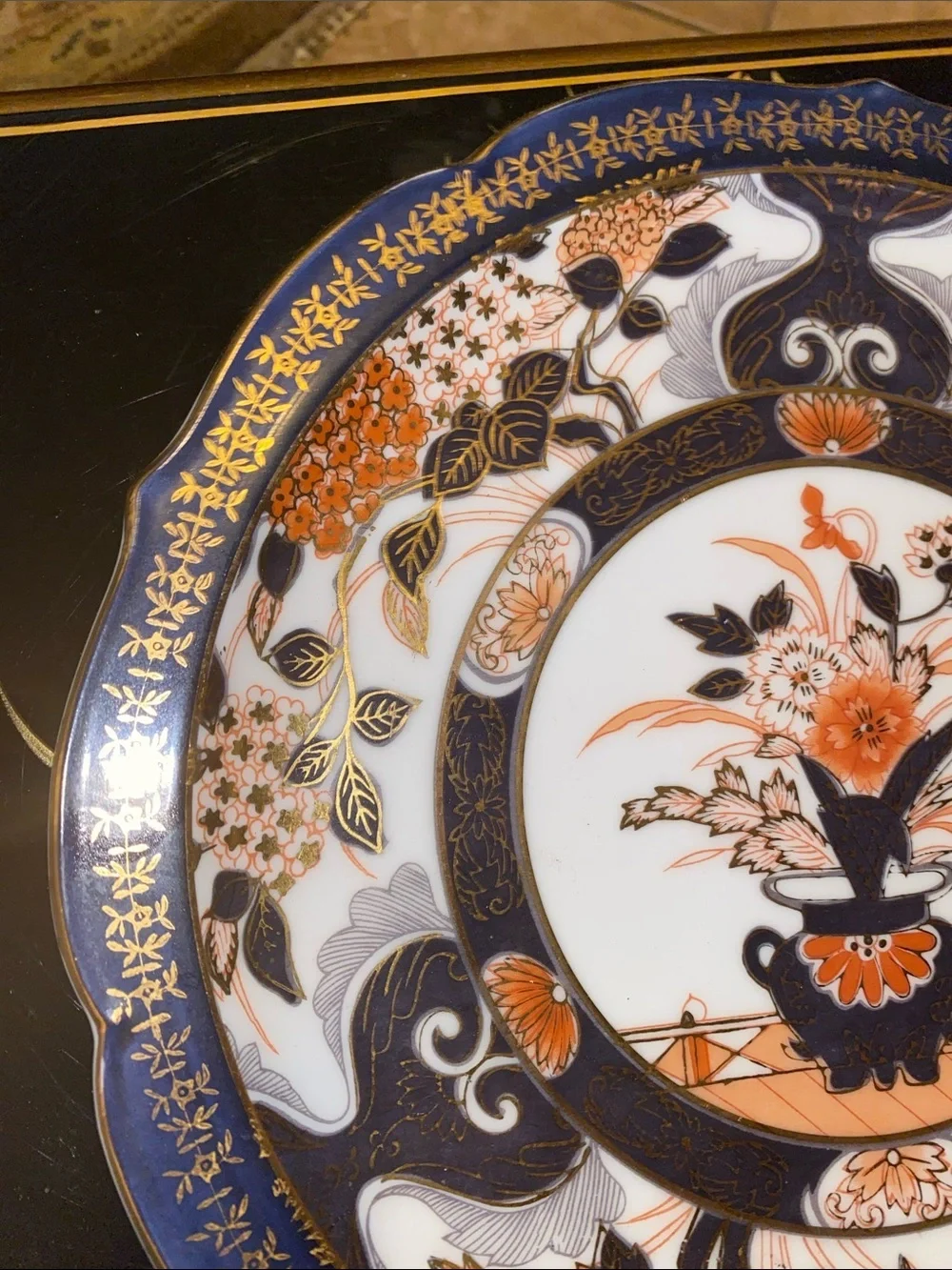 Vintage Decorative Porcelain Accent Plate in Navy, Orange, Gold - Floral Pattern